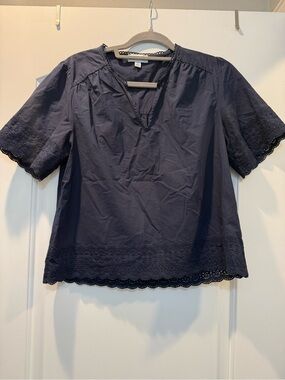 Evereve Navy Eyelet Scallop Trim Short Sleeve Top